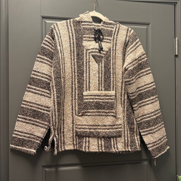 Striped Baja pullover sweatshirt with hood neutral colors kangaroo front pocket - Picture 1 of 7